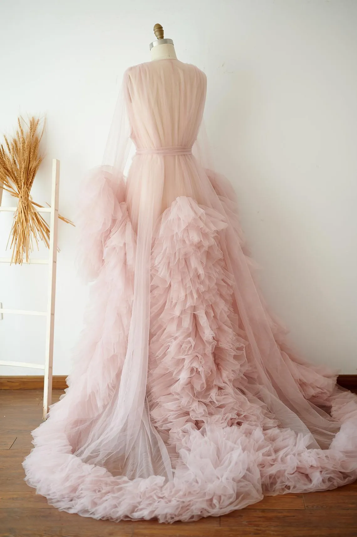 Blush Pink Long Ruffled Tulle Robe for Wedding and Maternity Photo Shoots RB1333