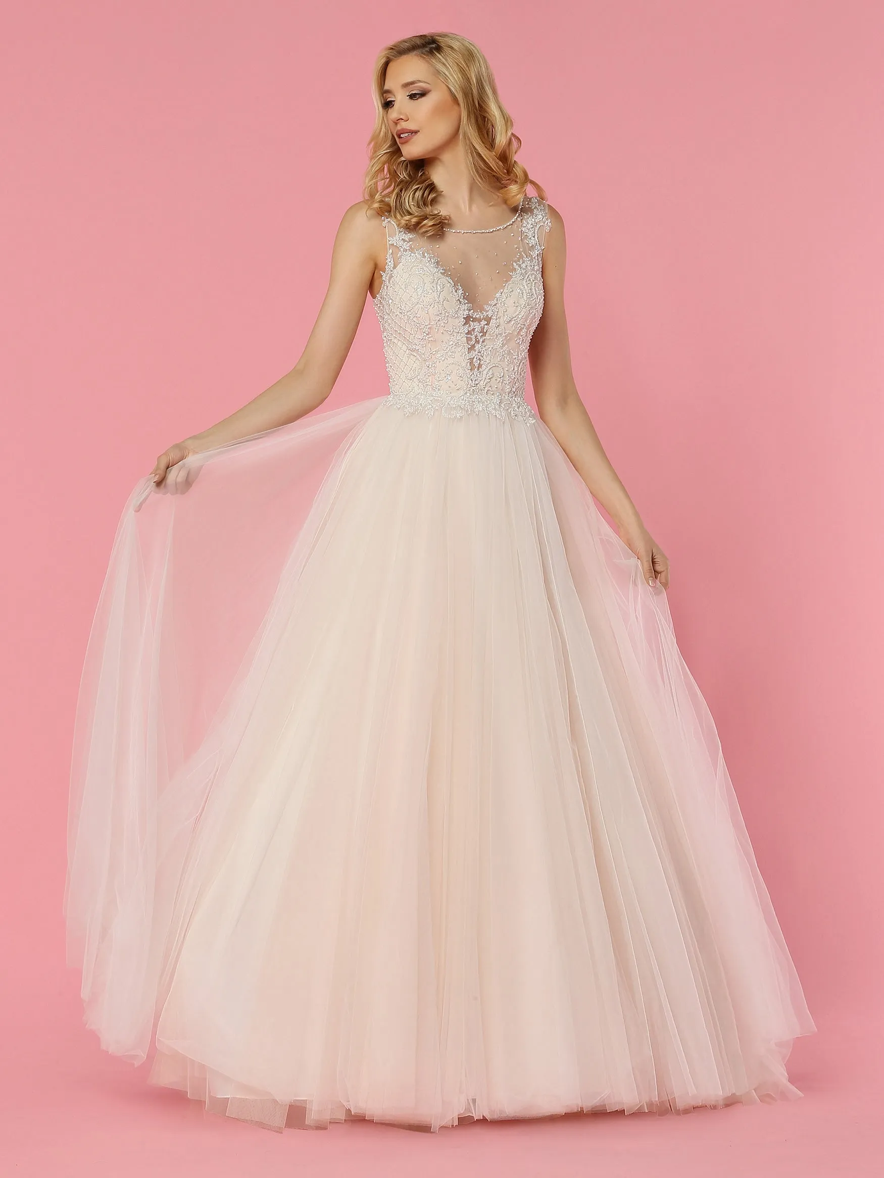 Davinci Bridal 50457 Sheer Plunging Neckline Crystal Ballgown Tulle Wedding Dress