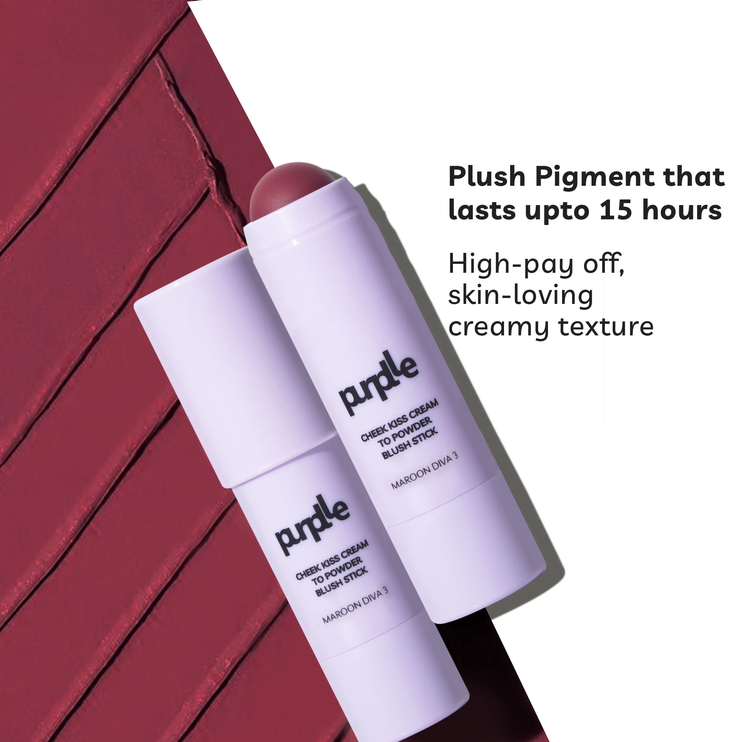 Purplle Cheek Kiss Cream to Powder Blush Stick Maroon Diva 3
