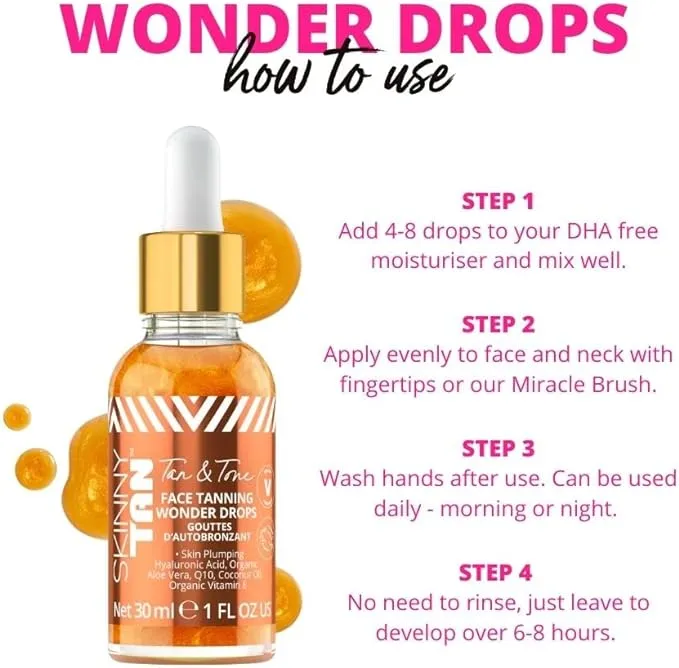 Skinny Tan Tan and Tone Face Tanning Wonder Drops Serum - Hyaluronic Acid for Dewy, Luminous Finish - Helps Even Skin Tone - Enhance Your Complexion - Transform Skincare Into Gradual Tanner - 1 oz