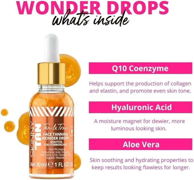 Skinny Tan Tan and Tone Face Tanning Wonder Drops Serum - Hyaluronic Acid for Dewy, Luminous Finish - Helps Even Skin Tone - Enhance Your Complexion - Transform Skincare Into Gradual Tanner - 1 oz