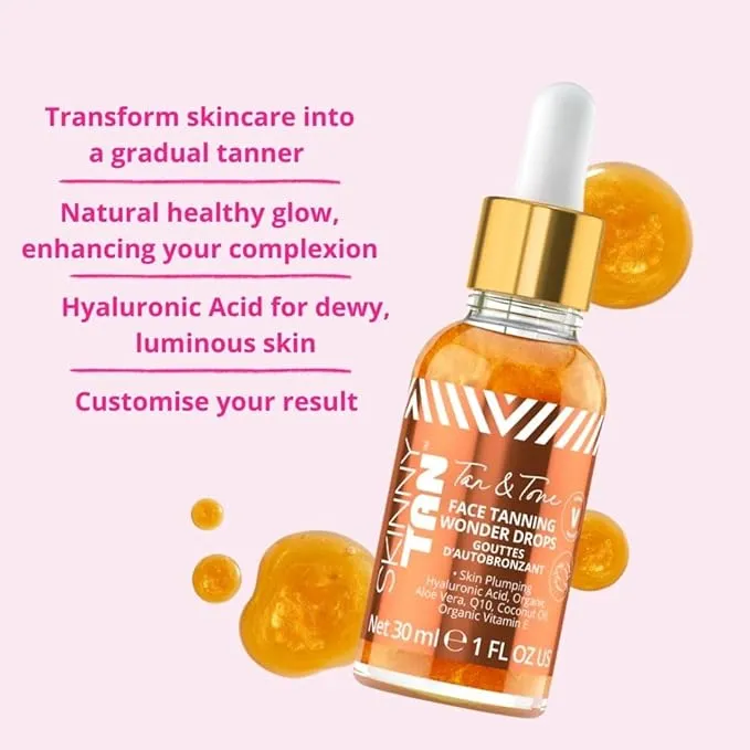 Skinny Tan Tan and Tone Face Tanning Wonder Drops Serum - Hyaluronic Acid for Dewy, Luminous Finish - Helps Even Skin Tone - Enhance Your Complexion - Transform Skincare Into Gradual Tanner - 1 oz